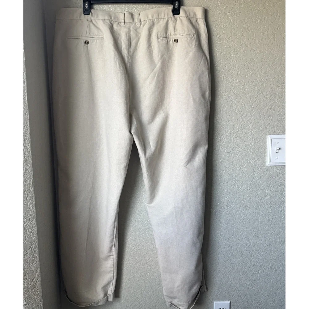 Men's 46x 32 Linen Cotton Pleated Dress Pants Beige Cuffed Irvine Park